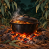 Illustration of a steaming camp oven over glowing coals beneath eucalyptus leaves